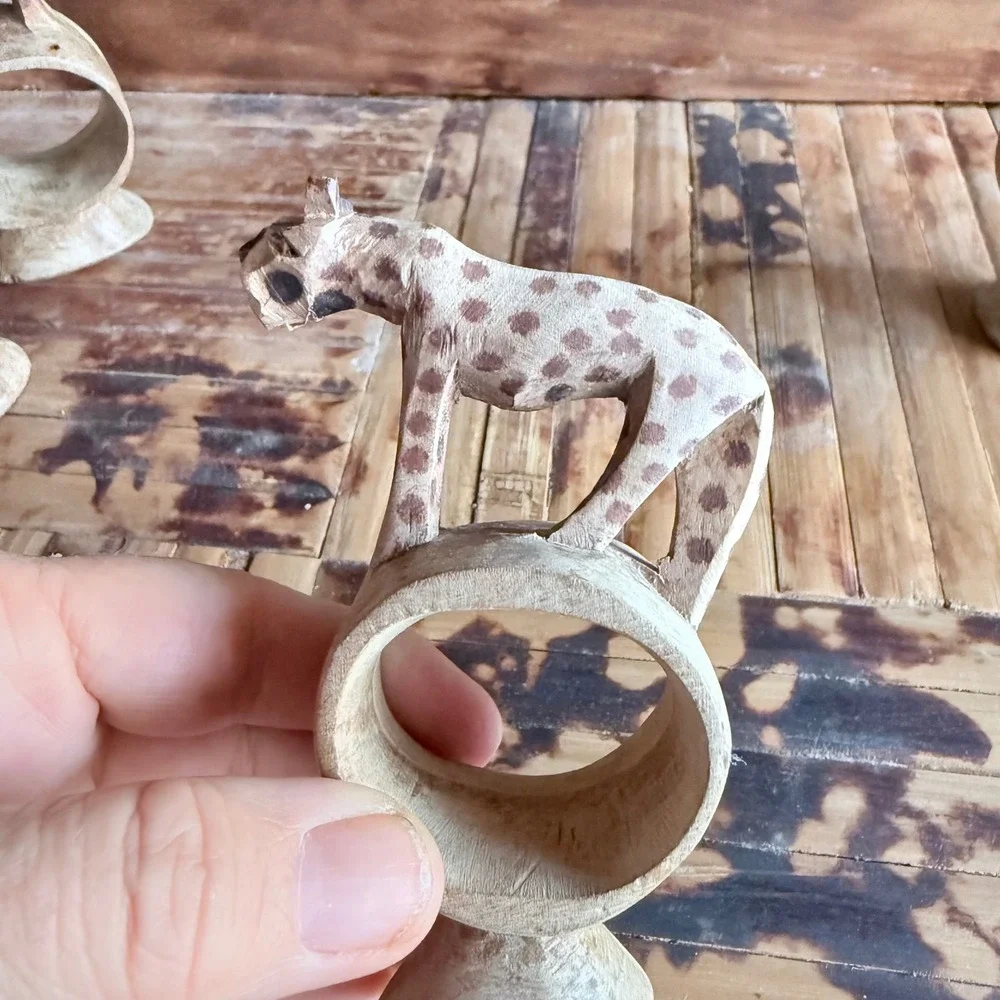 Set of 4 Hand-Carved Wooden Safari Animal Napkin Rings - Folk Art